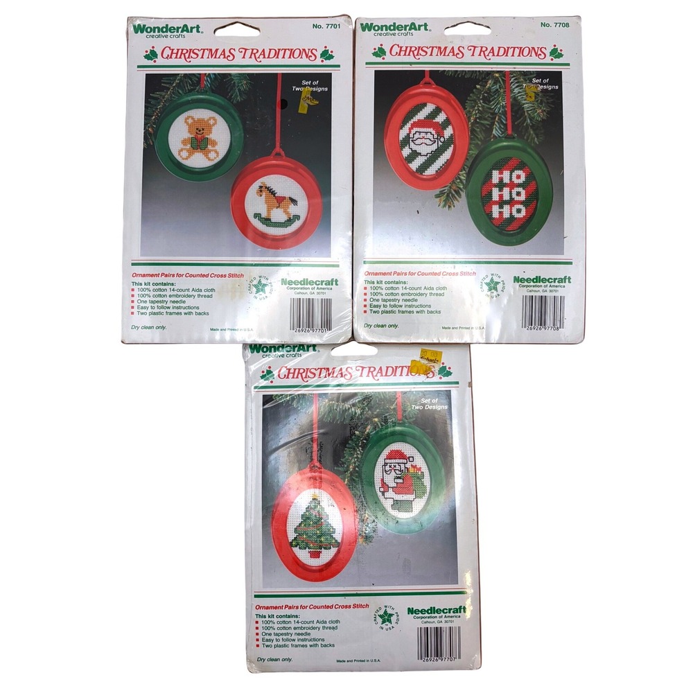 Lot of 3 New Vtg WonderArt Christmas Ornaments Cross Stitch Kits Needlecraft USA